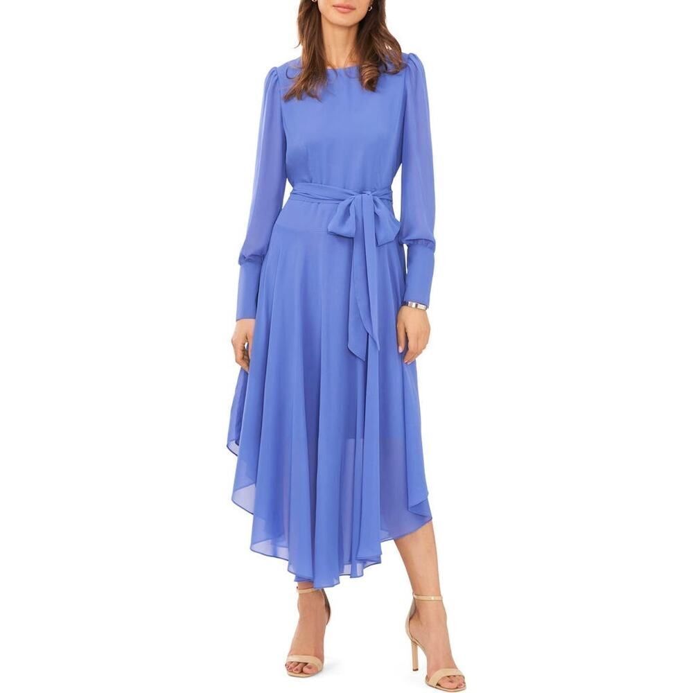 Halogen Tie Belt Long Sleeve Midi Dress Women's Medium Blue Asymmetric NWT